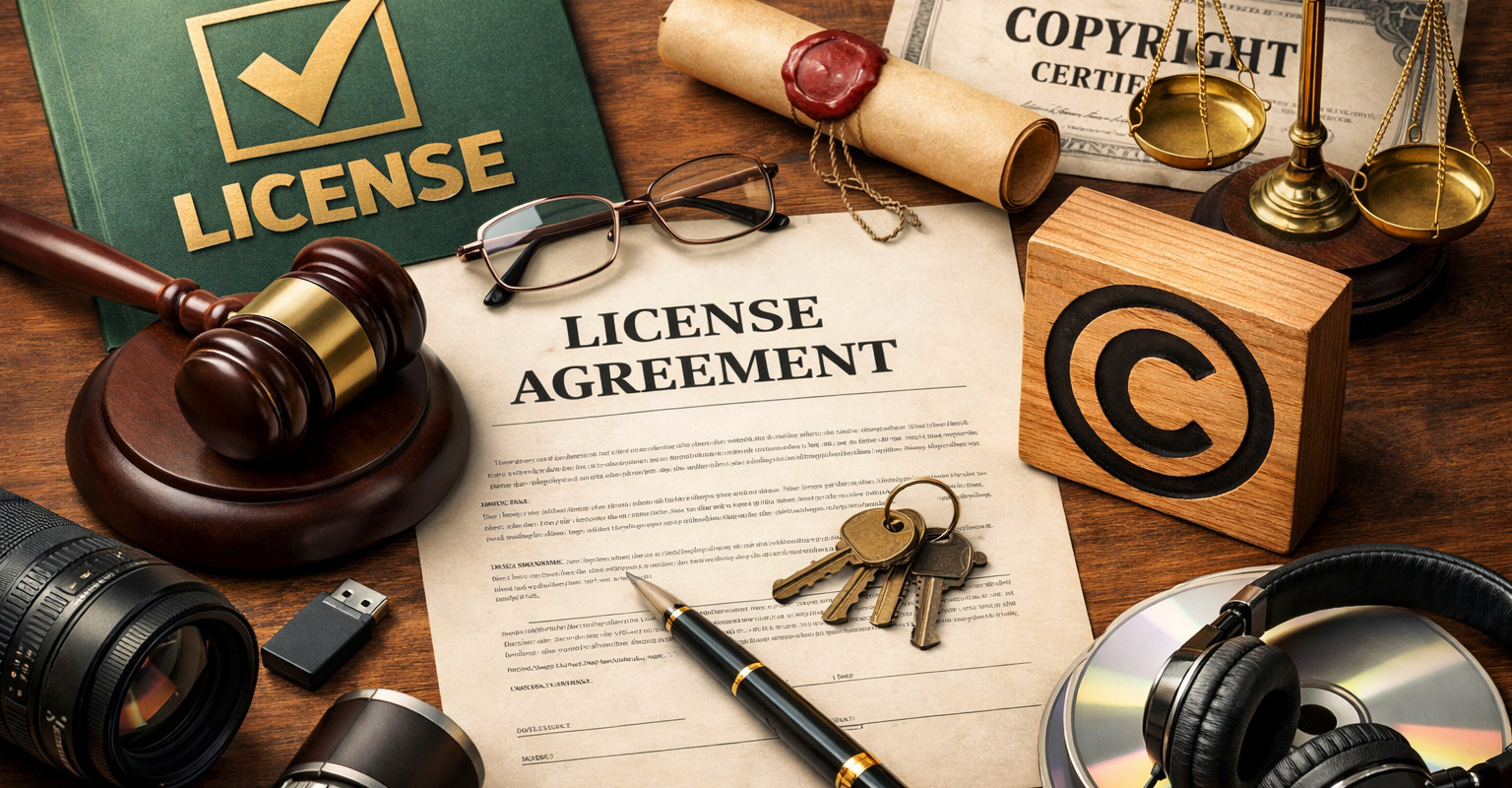A desk with a laptop, notebook, and coffee cup, symbolizing the work of content creation and coding with considerations for licensing and copyright.
