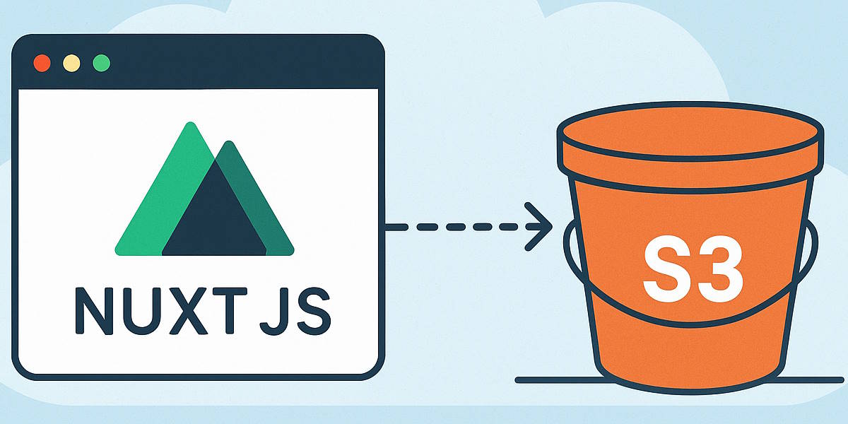 Shows Nuxt.js static site with an arrow into an S3 bucket all in a cloud